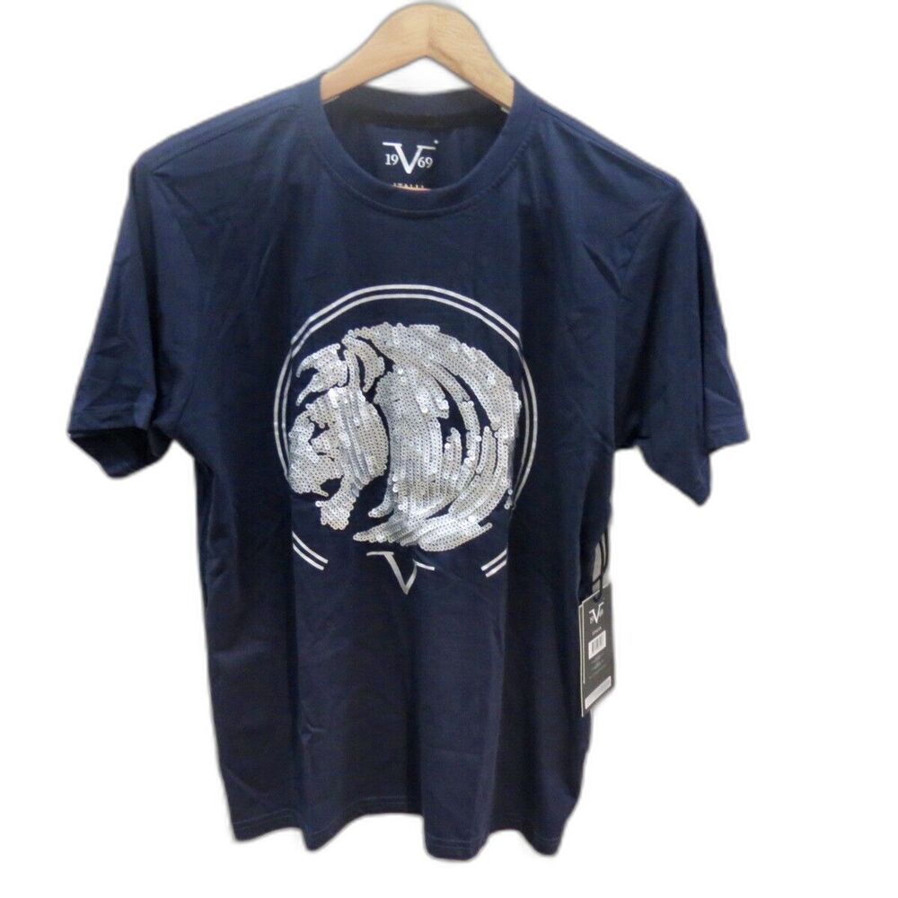V 1969 Italia Silver Sequin Lion Head Black Shirt Small
